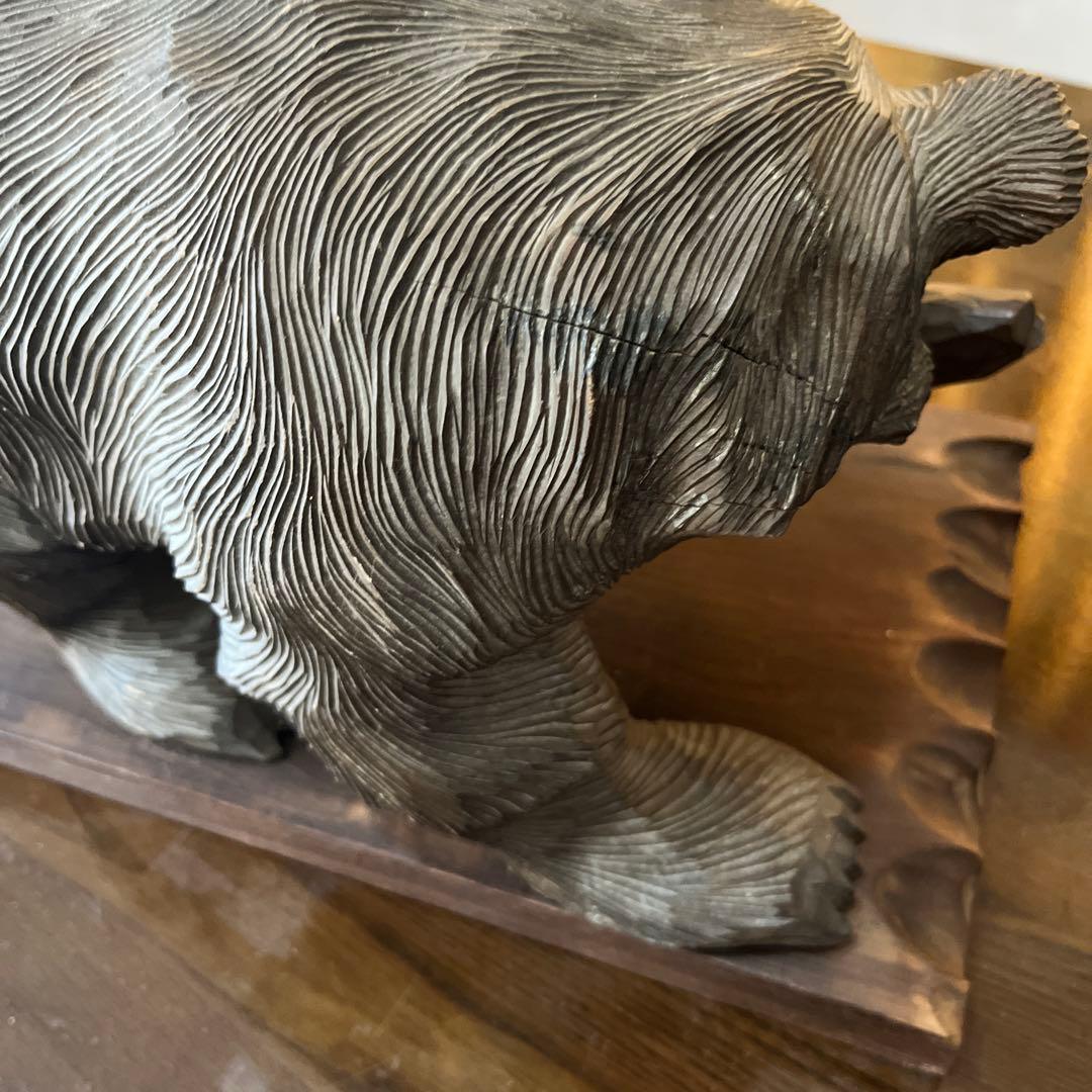 昭和レトロ 骨董 一刀彫 熊 木製クマと魚のアイヌ彫刻 約40cm