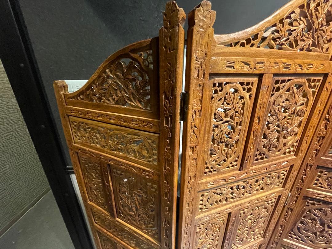 ★木製透かし彫り 4連パーテーションアジアン 衝立木製彫刻パーテーション