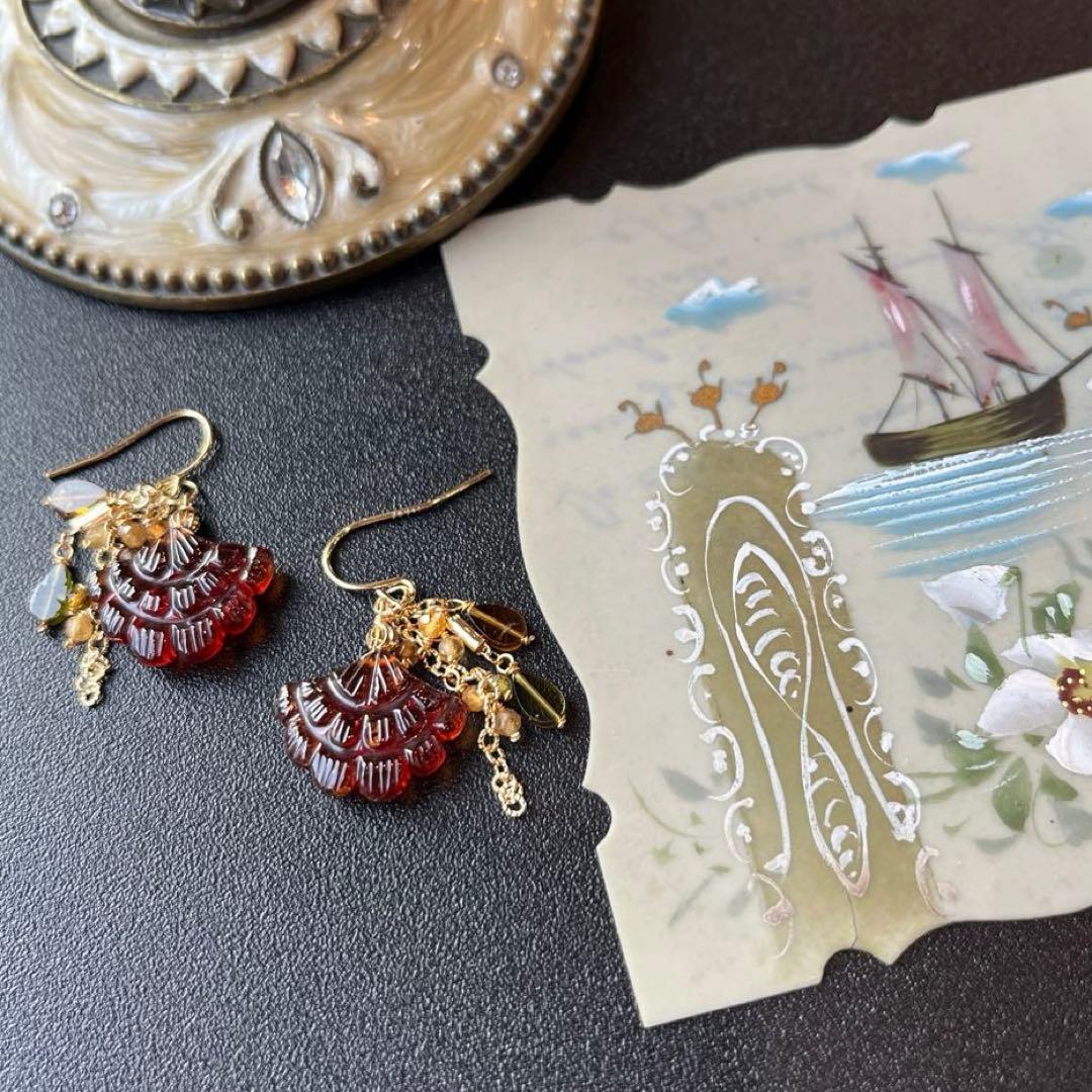 《1点限定》ヘソナイトガーネットフリルカービング＊ピアスorイヤリング