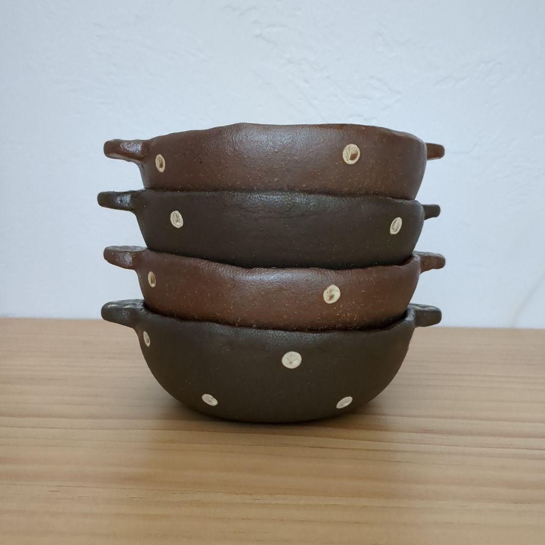 【希少】中村佳菜子 さん　ドット柄　取っ手付き 小鉢　黒　茶　4個セット