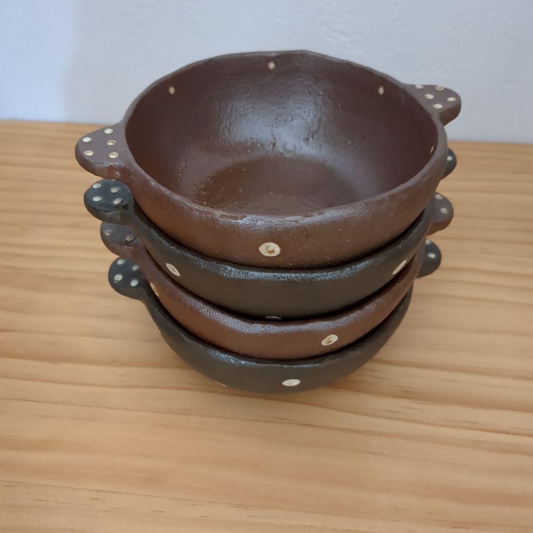 【希少】中村佳菜子 さん　ドット柄　取っ手付き 小鉢　黒　茶　4個セット