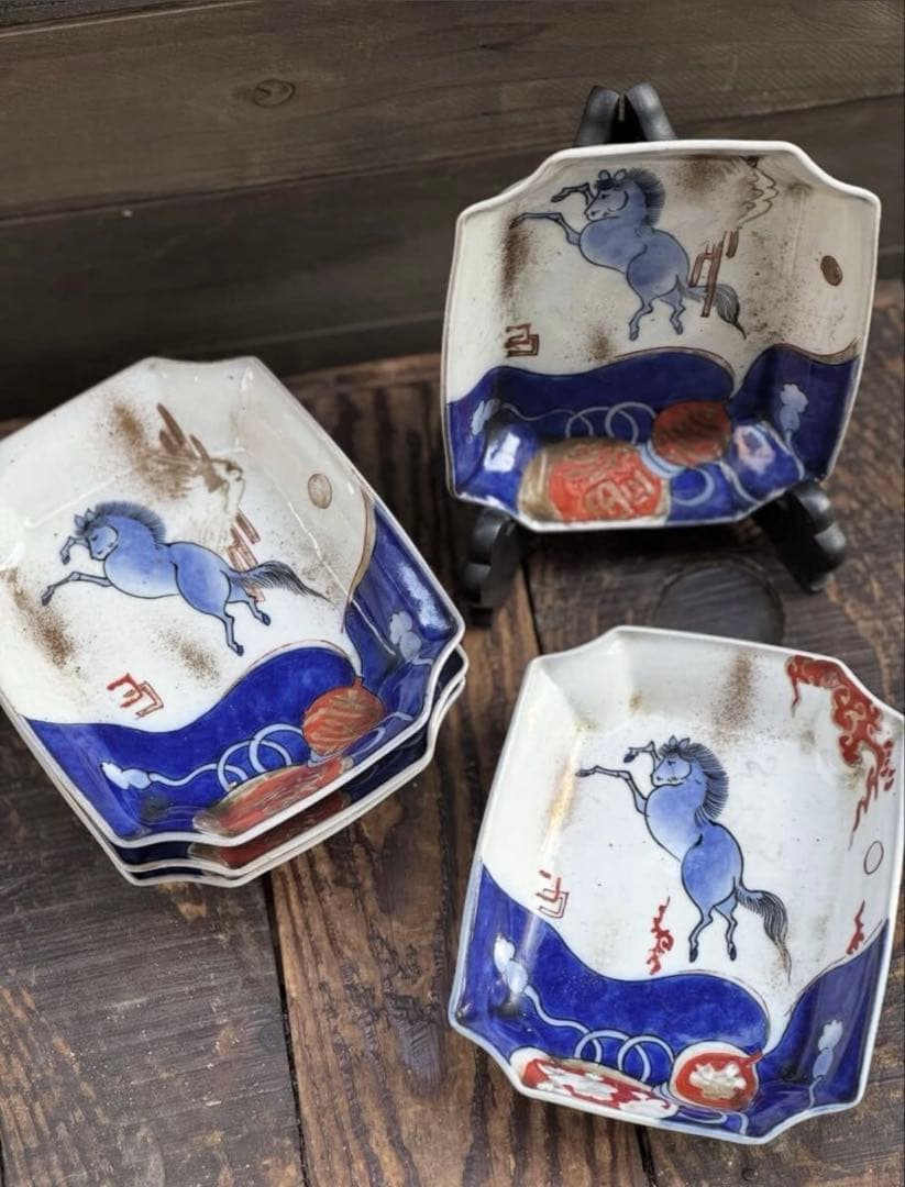 古伊万里 染付色絵 馬図 変形小皿 五皿セット 午年 干支 コレクション