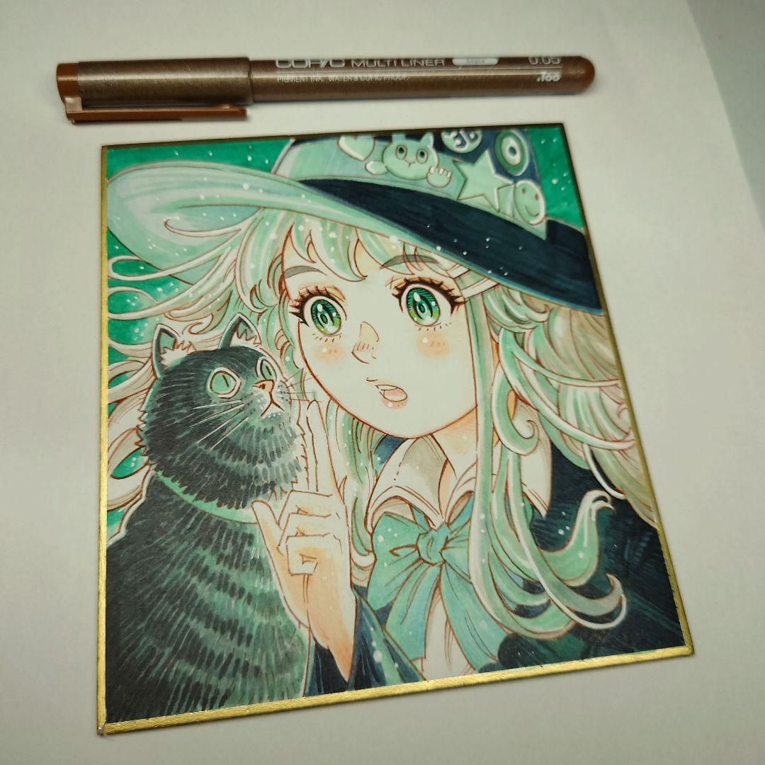 【手描きイラスト 010】/オリジナル色紙 「新前魔女と黒子猫」