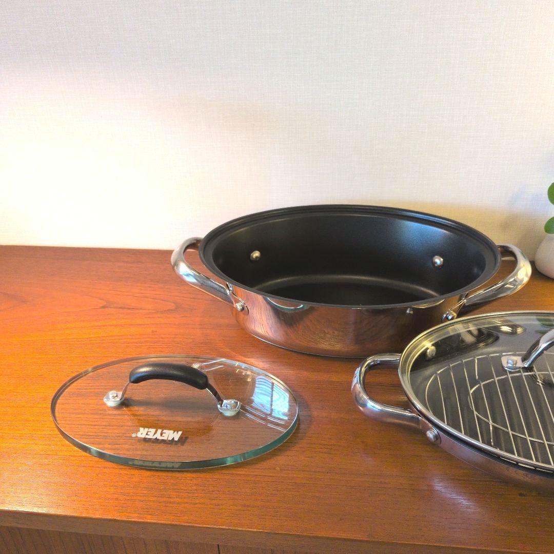 美品　 MEYER オールインワン オーバルパン グリルプレス＆中網付き！