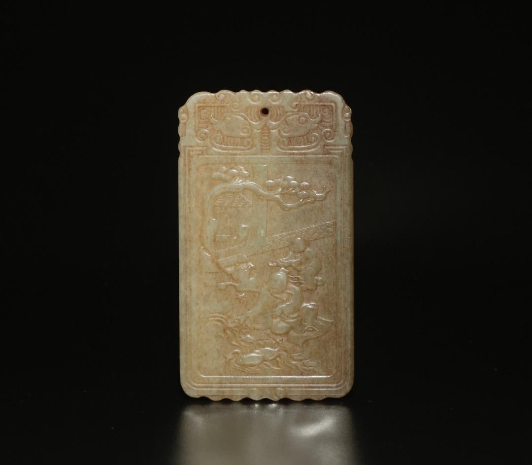 中古 和田玉雕羲之愛鵞(が)佩 子岡款詩文彫 中国美術 佩飾 古雅 C1A189