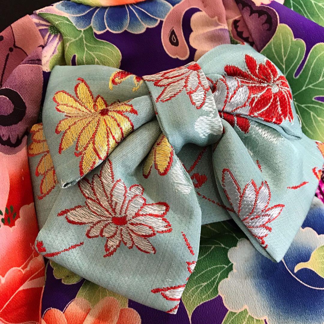 ＊ 市松人形 12号 蝶々 花 錦紗縮緬 アンティーク 着物 帯 ＊