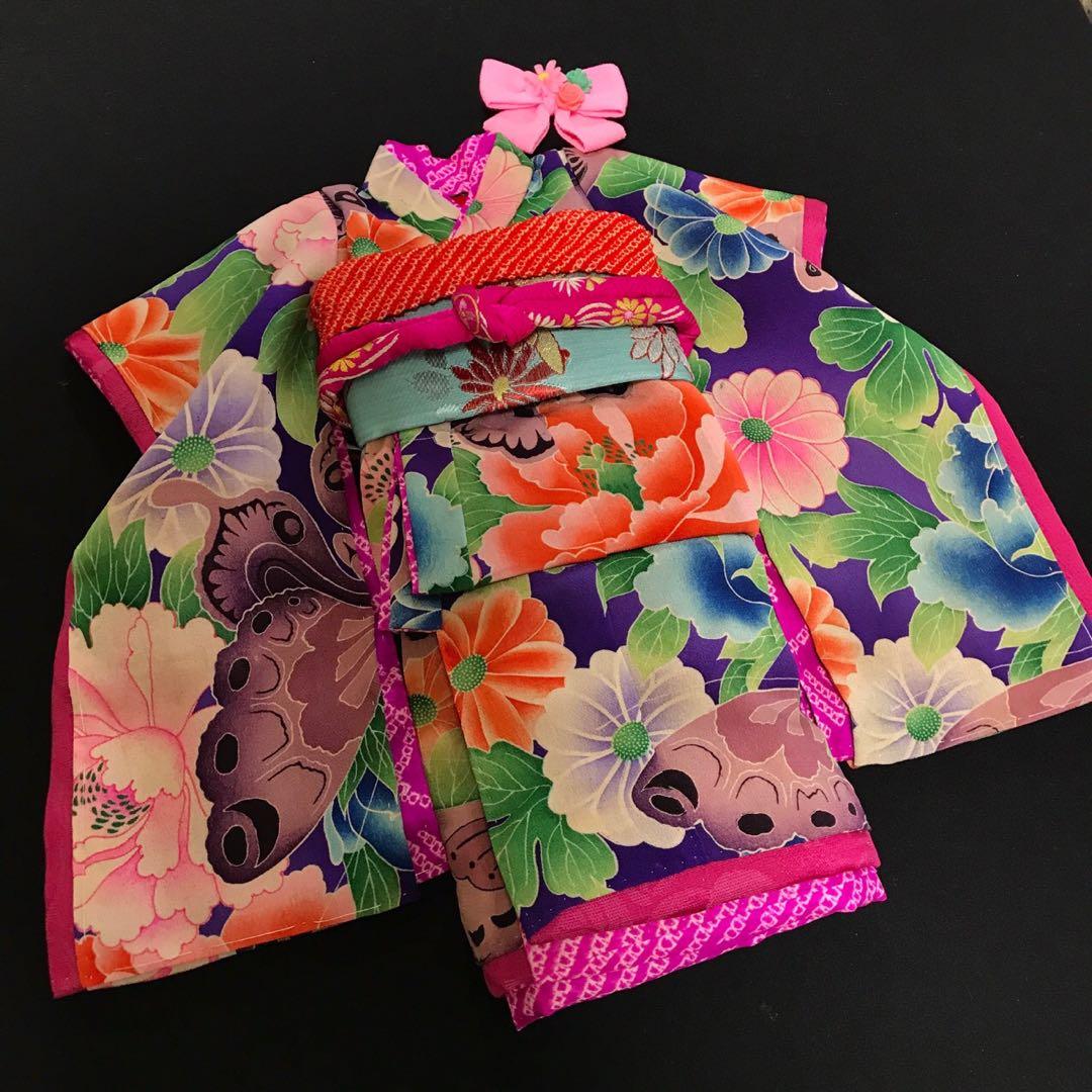 ＊ 市松人形 12号 蝶々 花 錦紗縮緬 アンティーク 着物 帯 ＊