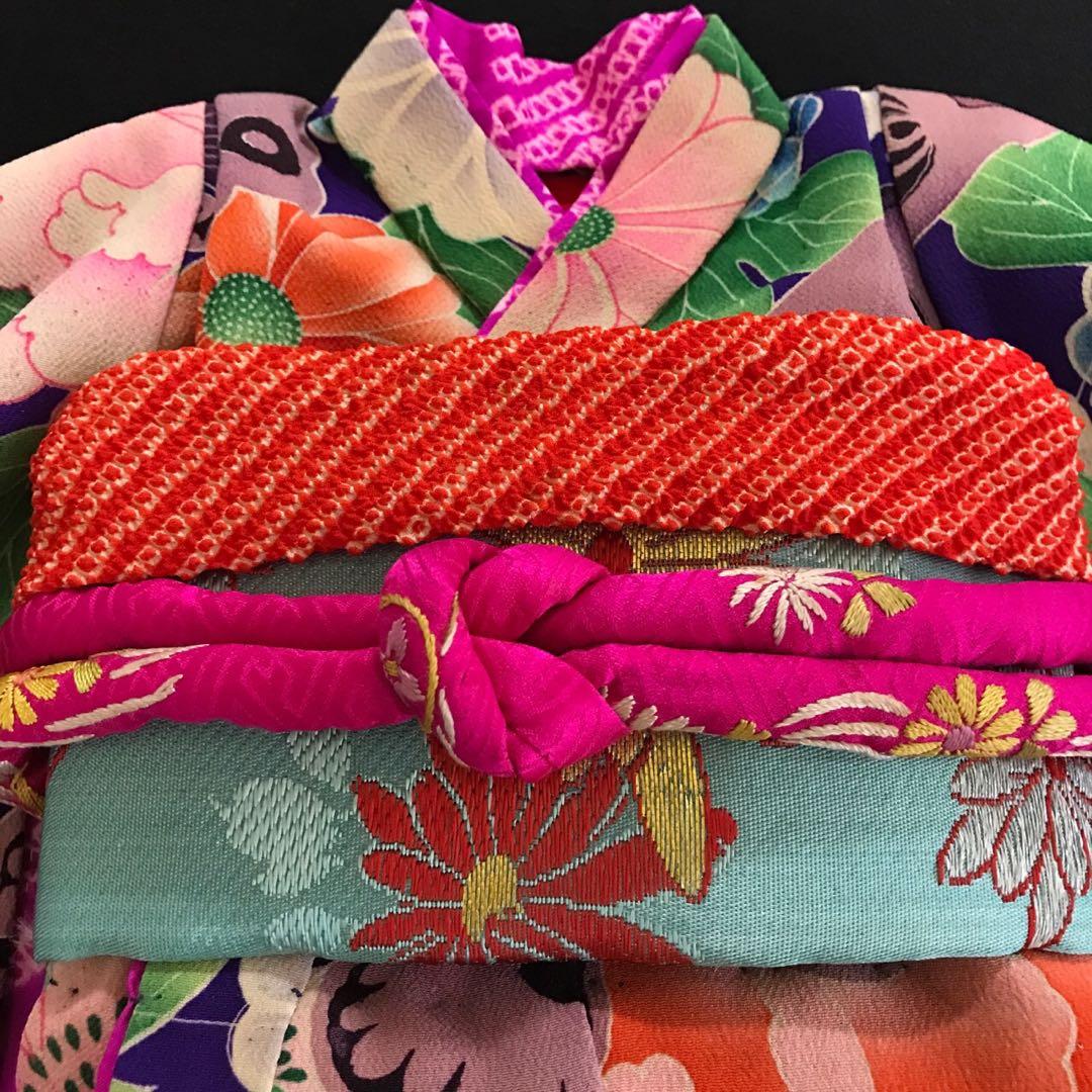 ＊ 市松人形 12号 蝶々 花 錦紗縮緬 アンティーク 着物 帯 ＊