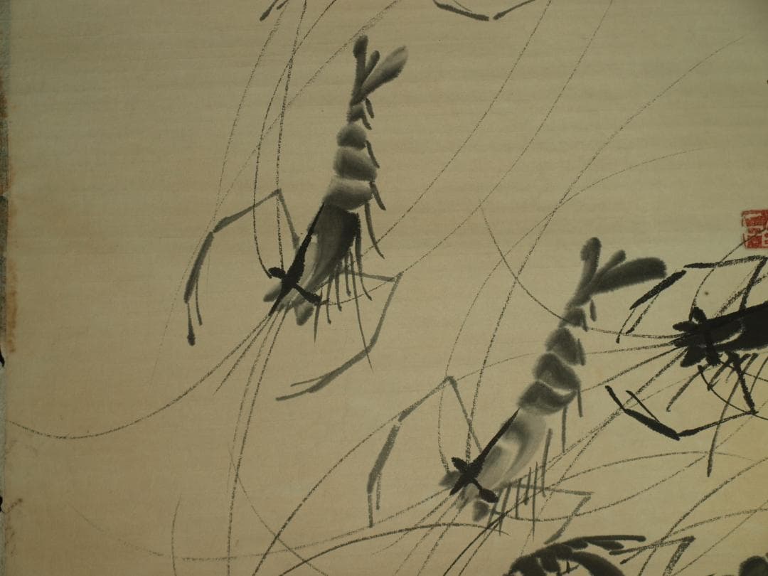 骨董市仕入れ品　中国近時代 白石作 虾図 掛軸　 BD604C11-4