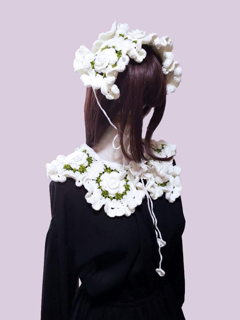 薔薇モチーフヘッドドレス＆つけ襟・ホワイト2点セット