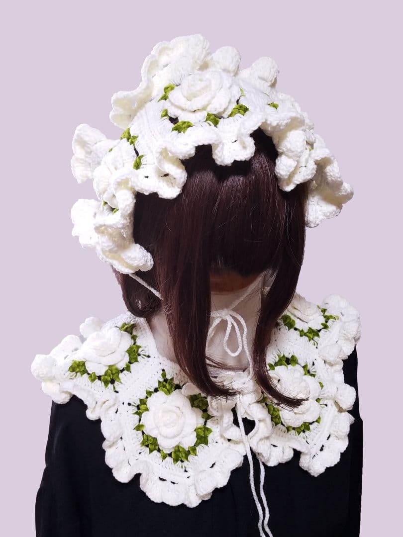 薔薇モチーフヘッドドレス＆つけ襟・ホワイト2点セット
