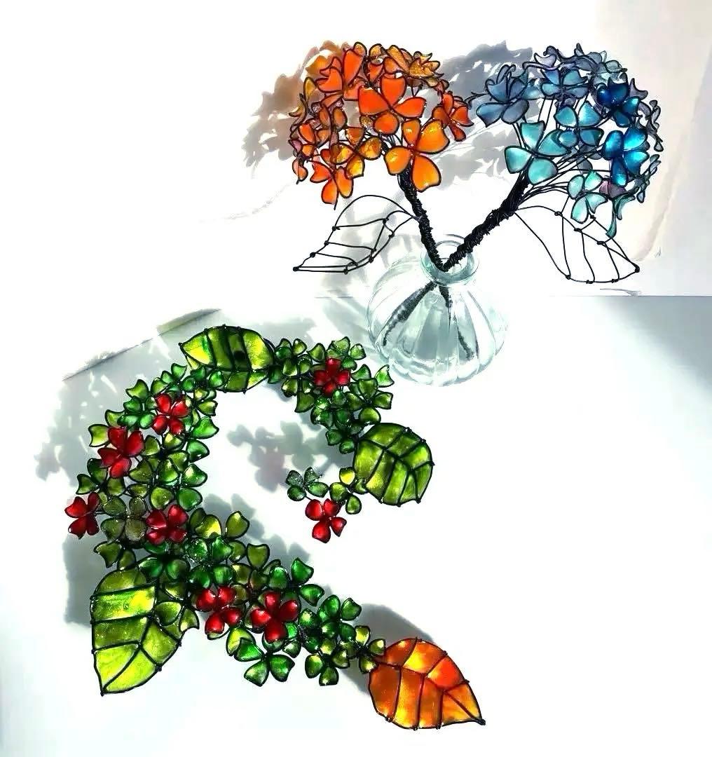 紫陽花リース　ワイヤークラフト　ディップアート 壁飾り　インテリア　アート