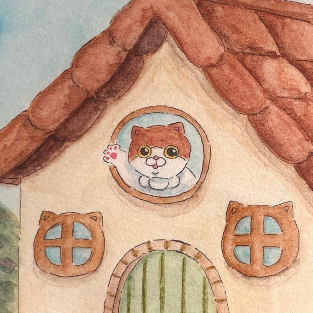 原画　水彩　手描きイラスト　アナログ　風景　猫　虹　ファンタジー　フレーム付き