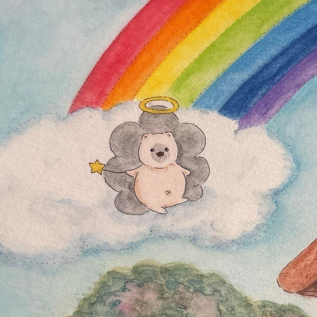 原画　水彩　手描きイラスト　アナログ　風景　猫　虹　ファンタジー　フレーム付き