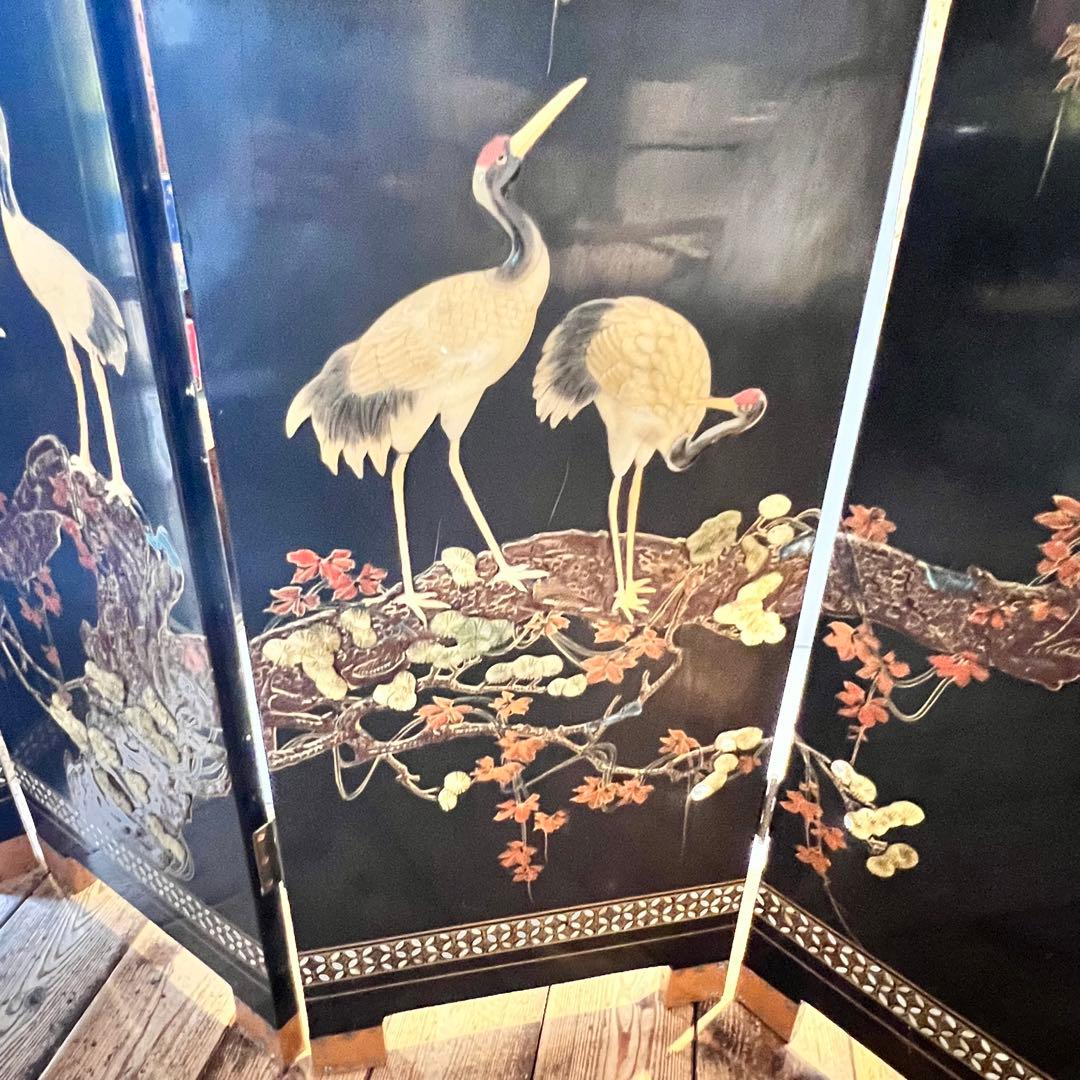 一点　中国美術 螺鈿細工 鶴　年代物　パーテーション 飛天 漆器 天水