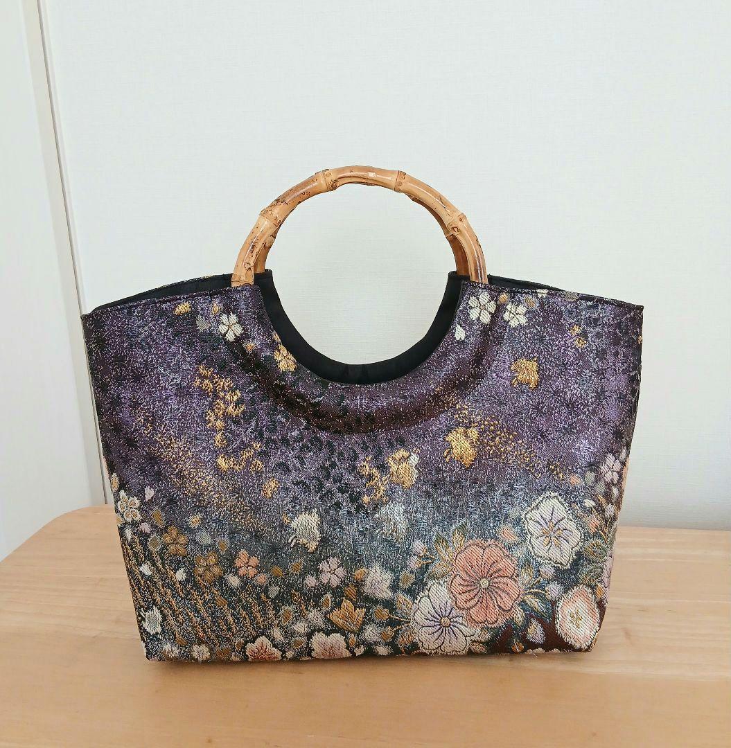 帯リメイクバッグ★バンブーバッグ★辻ヶ花　プラチナ箔　和モダン正絹袋帯