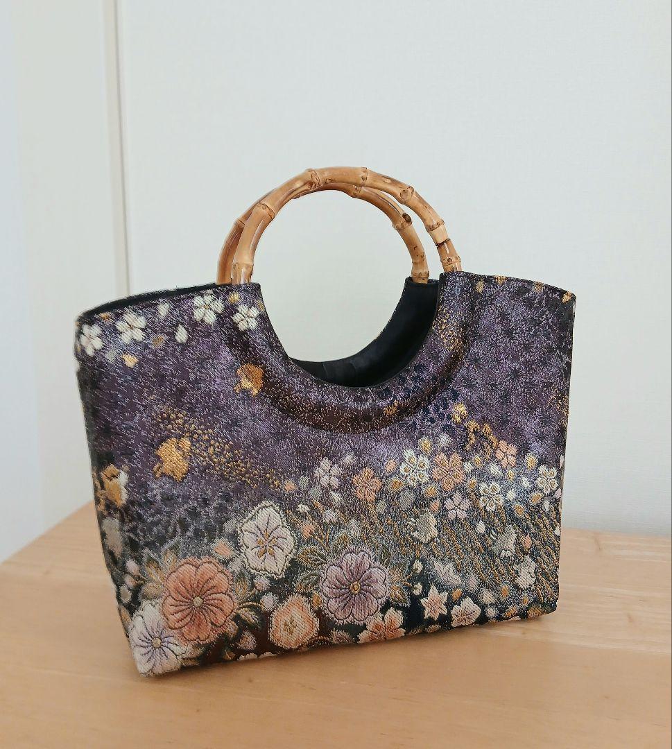 帯リメイクバッグ★バンブーバッグ★辻ヶ花　プラチナ箔　和モダン正絹袋帯