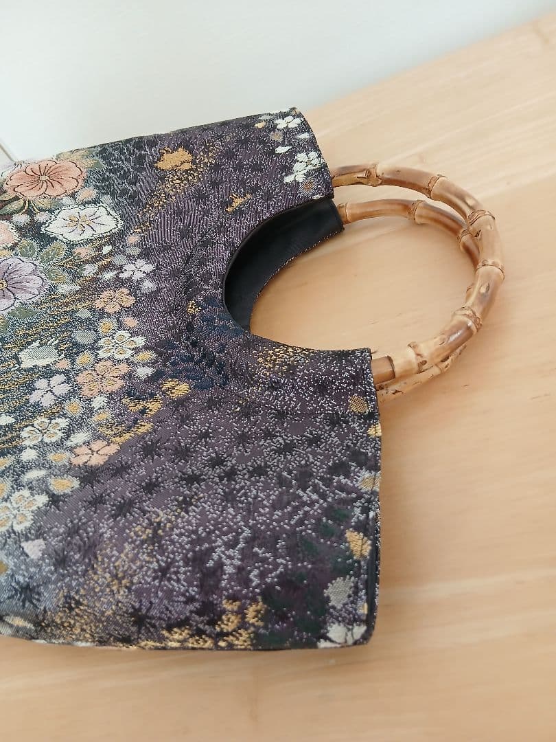 帯リメイクバッグ★バンブーバッグ★辻ヶ花　プラチナ箔　和モダン正絹袋帯