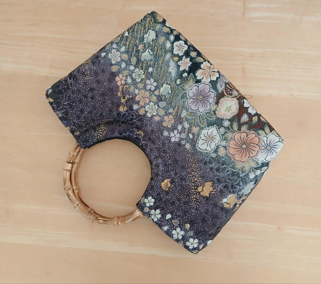 帯リメイクバッグ★バンブーバッグ★辻ヶ花　プラチナ箔　和モダン正絹袋帯