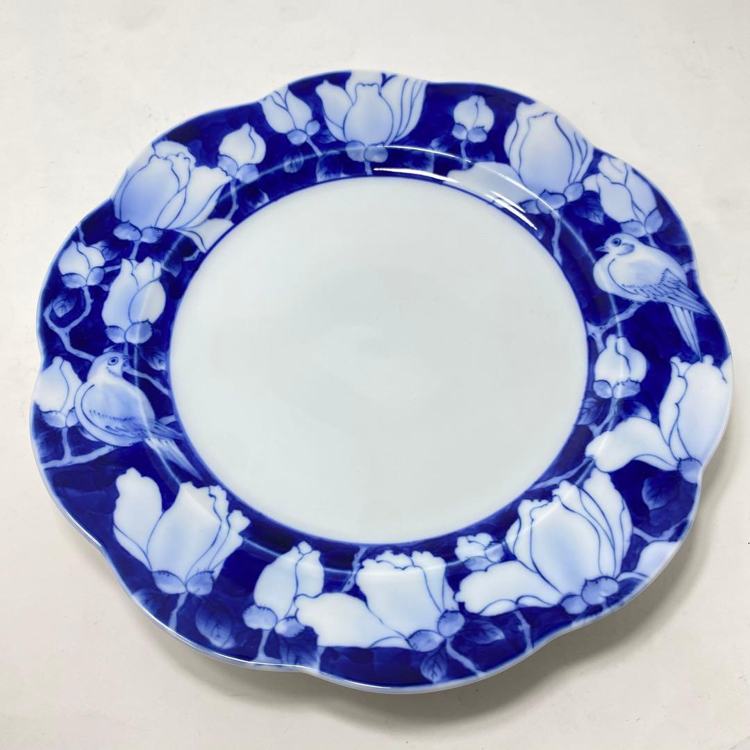 【未使用品】深川製 染付 花鳥外濃 ケーキ皿 直径 約20cm 宮内庁御用達