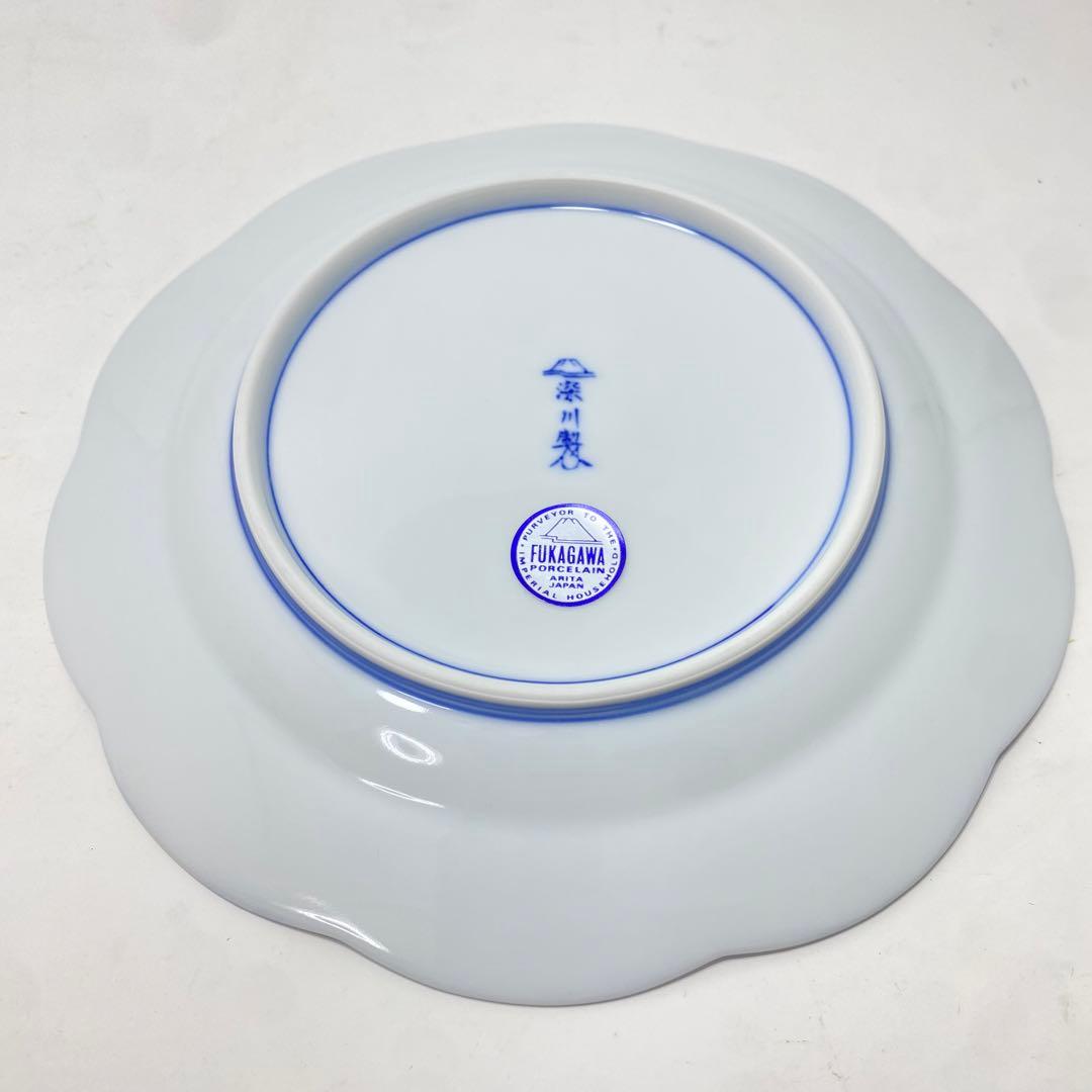 【未使用品】深川製 染付 花鳥外濃 ケーキ皿 直径 約20cm 宮内庁御用達