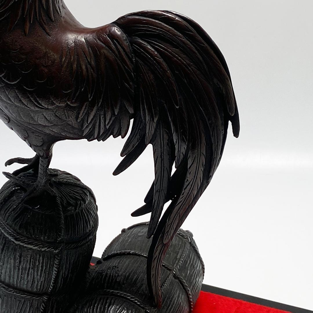 鋳金家 芳山 作 唐銅製 俵鶏置物 オブジェ 銅像 ブロンズ像