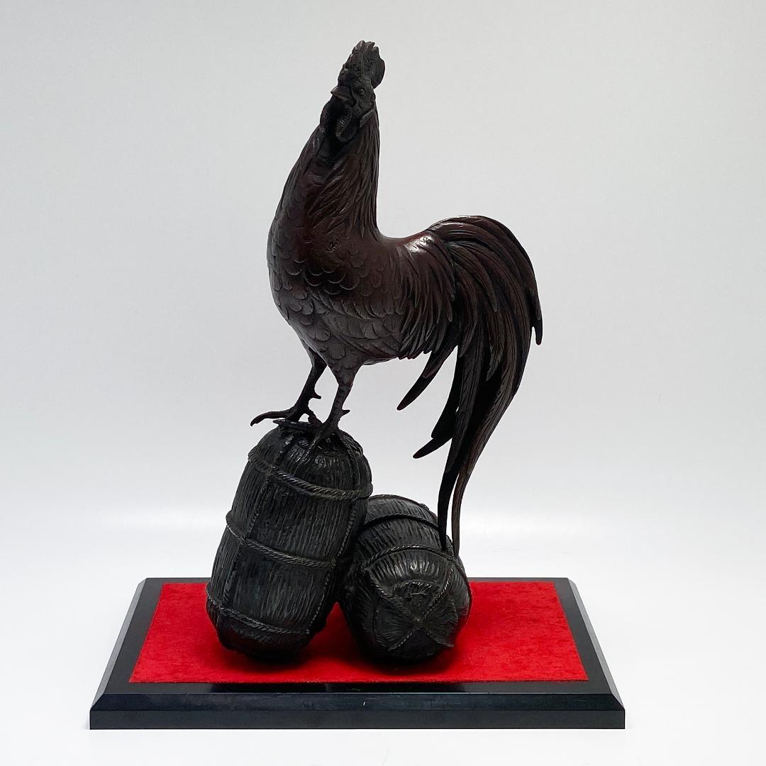 鋳金家 芳山 作 唐銅製 俵鶏置物 オブジェ 銅像 ブロンズ像