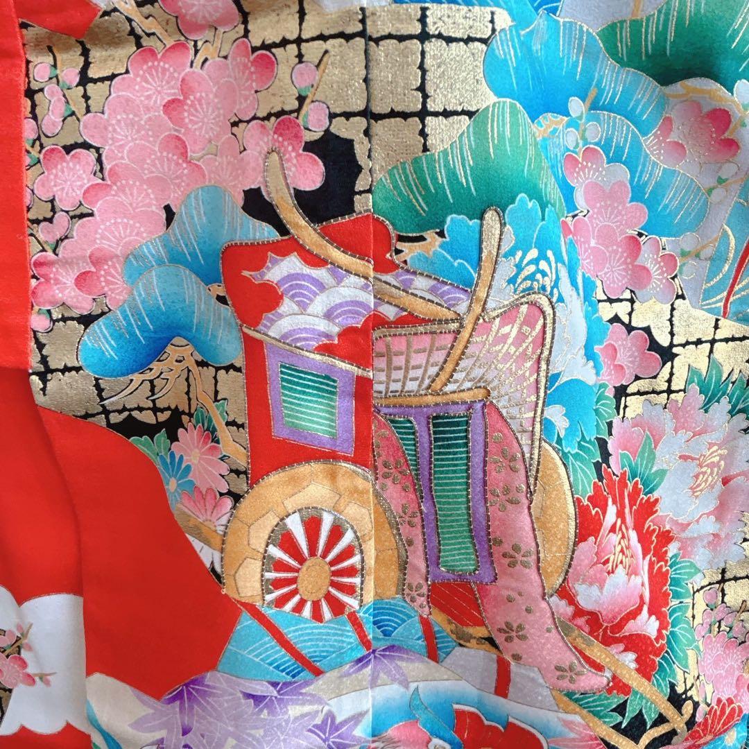 セット　七五三７歳女の子　着物＆帯＆長襦袢＆小物　オレンジ　花御所車　牡丹　鶴