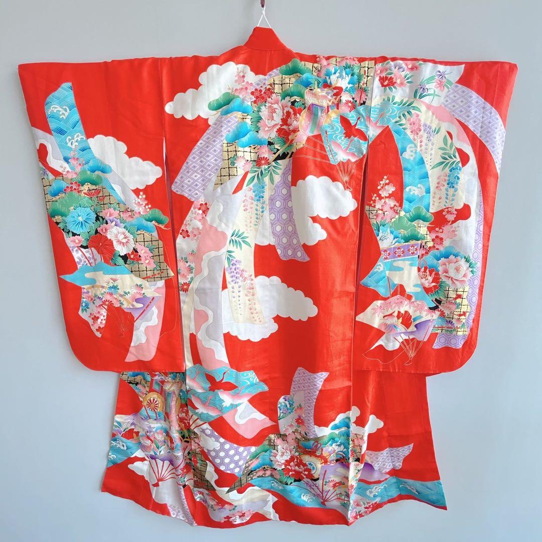 セット　七五三７歳女の子　着物＆帯＆長襦袢＆小物　オレンジ　花御所車　牡丹　鶴