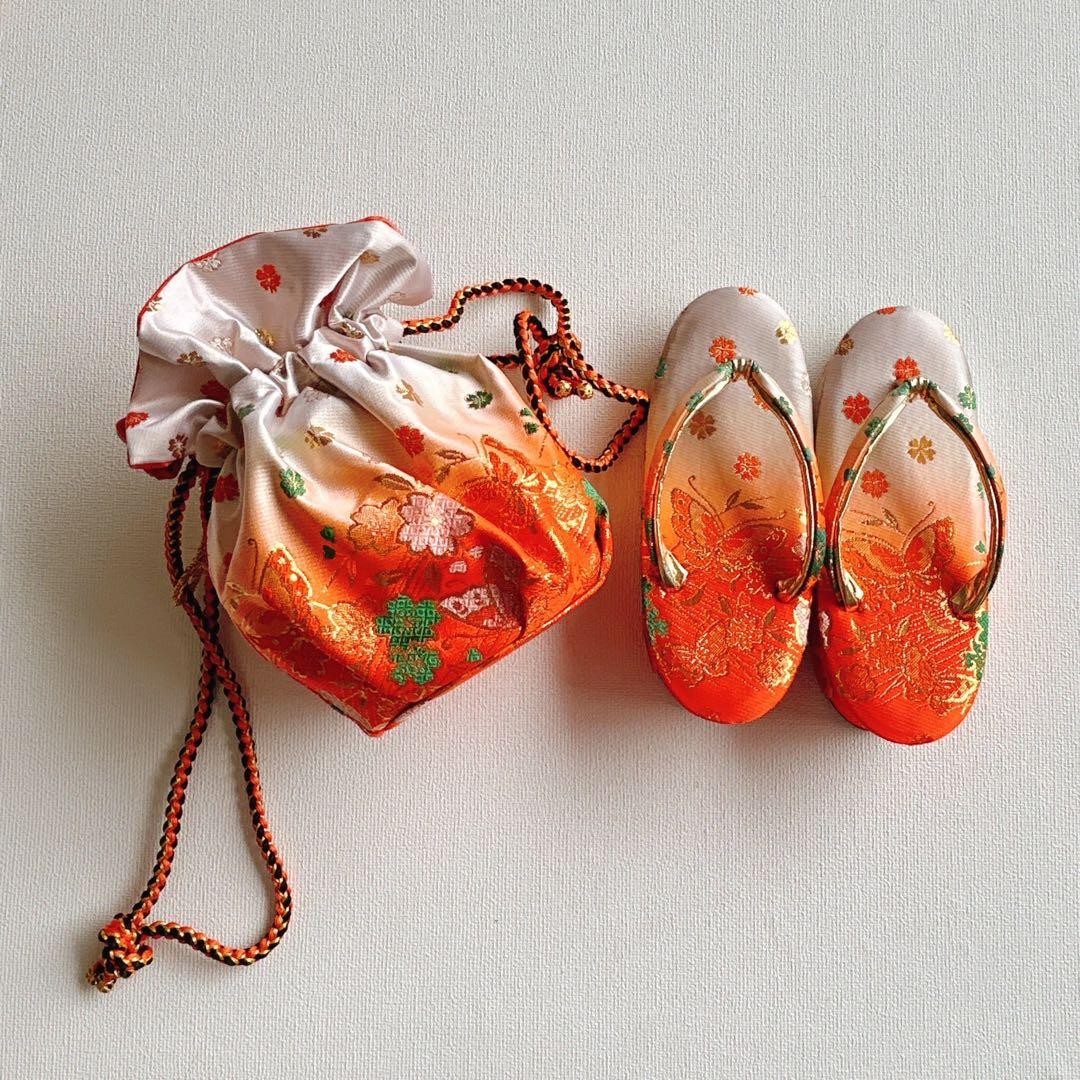 セット　七五三７歳女の子　着物＆帯＆長襦袢＆小物　オレンジ　花御所車　牡丹　鶴