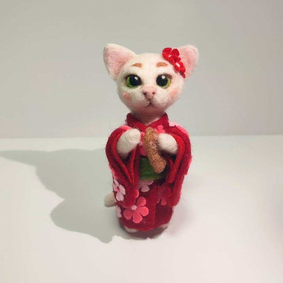羊毛フェルト　猫　着物バージョン