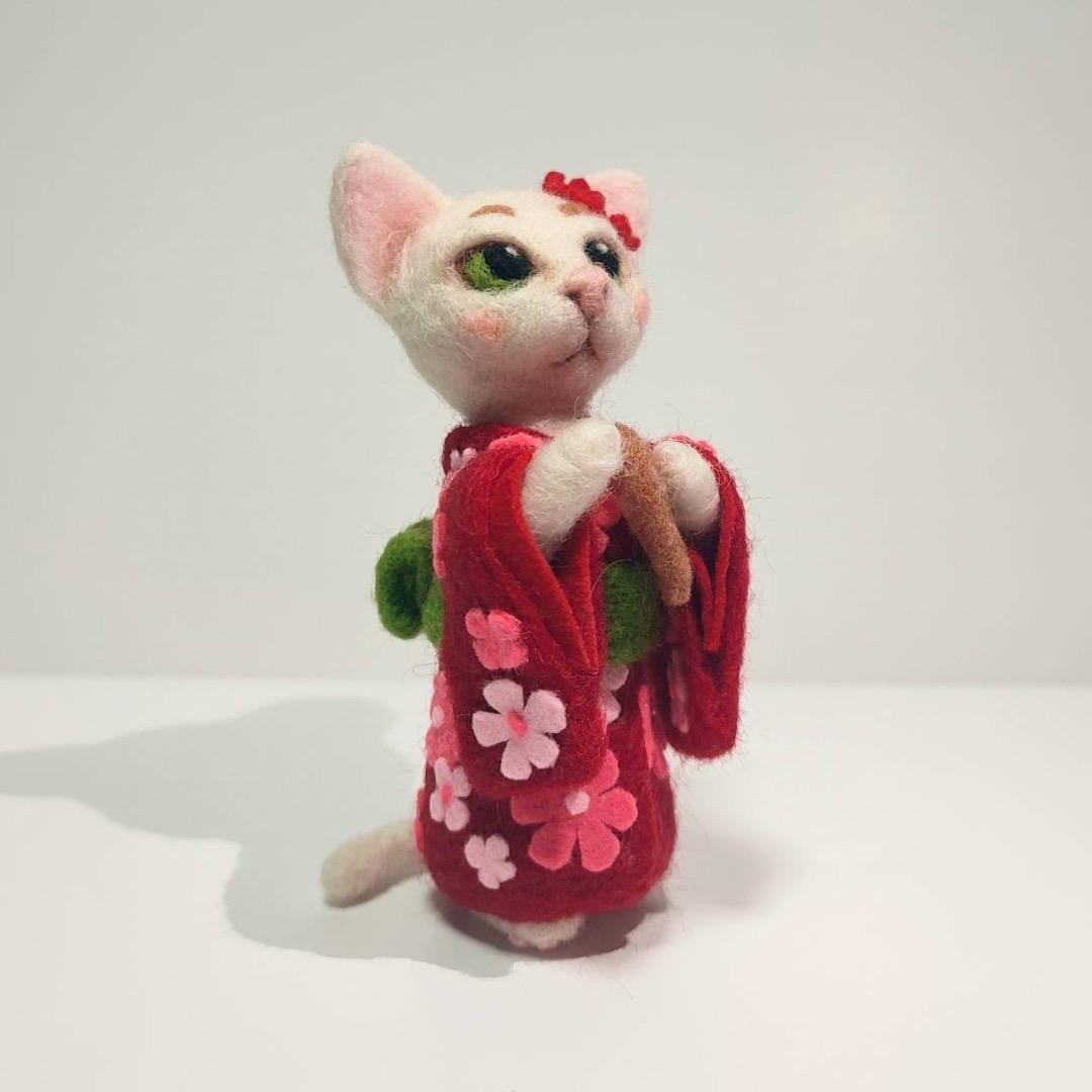 羊毛フェルト　猫　着物バージョン