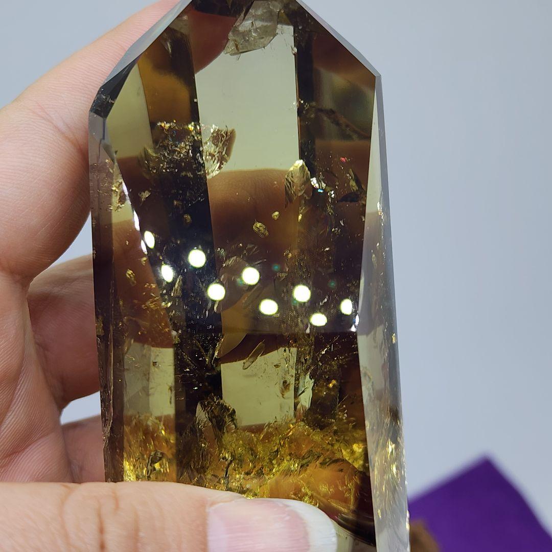 天然石スモーキークォーツ＆シトリンツインツワー 専用流木台座付 虹付き