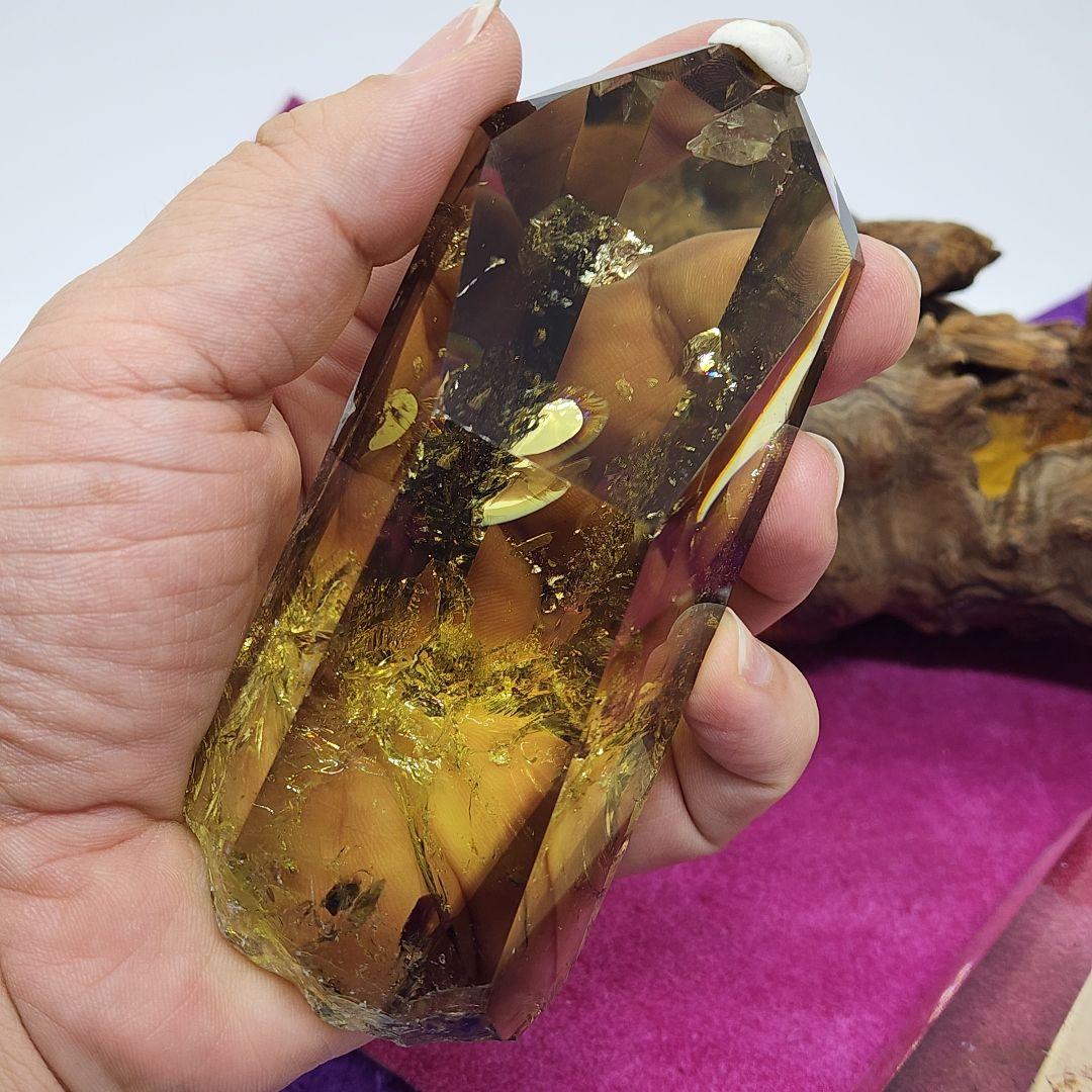 天然石スモーキークォーツ＆シトリンツインツワー 専用流木台座付 虹付き