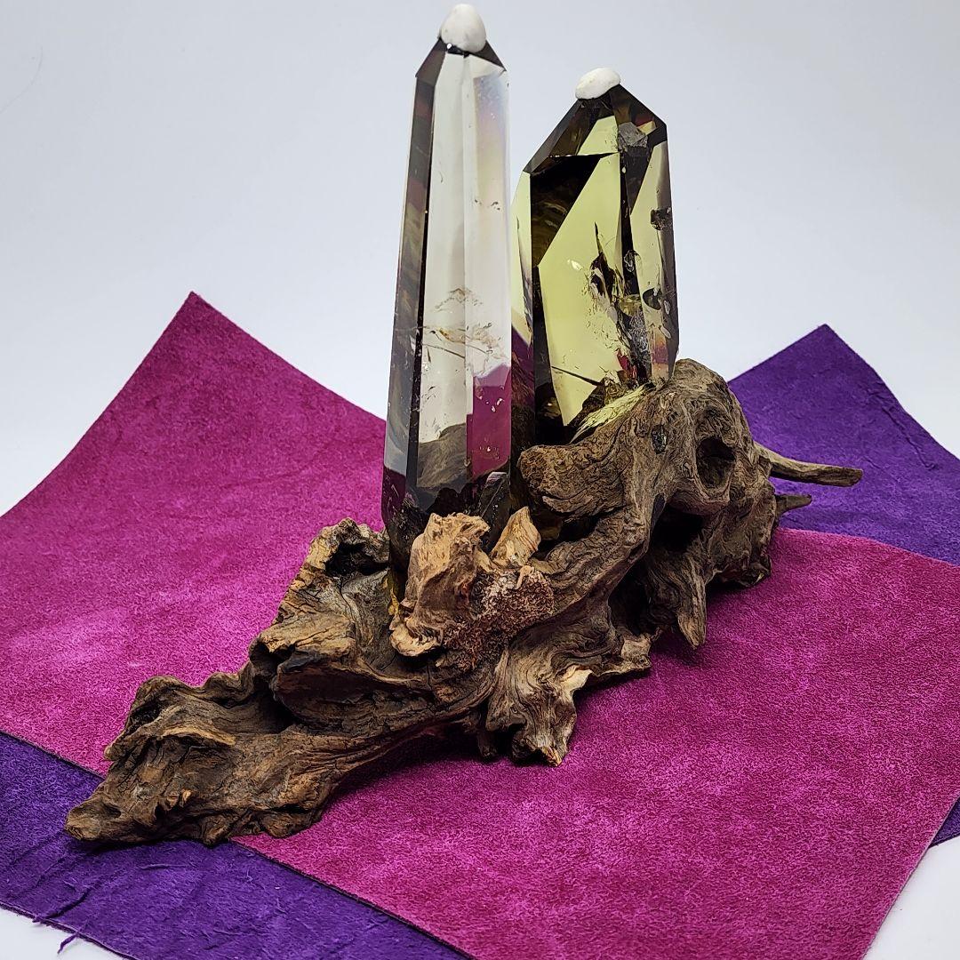 天然石スモーキークォーツ＆シトリンツインツワー 専用流木台座付 虹付き