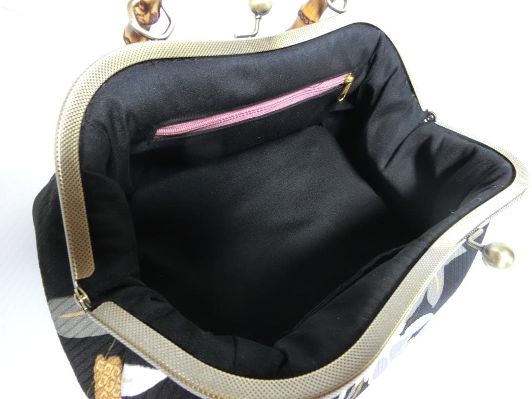 ハンドメイド 日本の伝統和服の美くしさ 正絹 バンブー持ち手ハンドバッグ