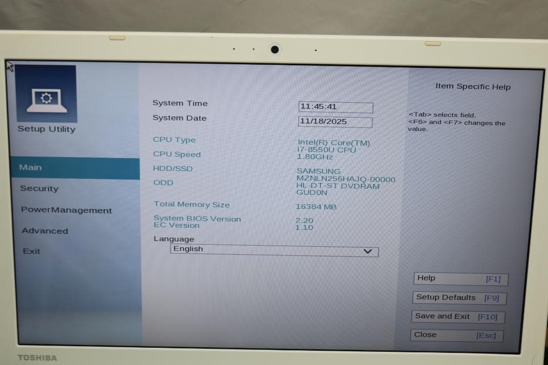 i*n様 Dynabook Win11 i7-8550U 256Gb 16Gb
