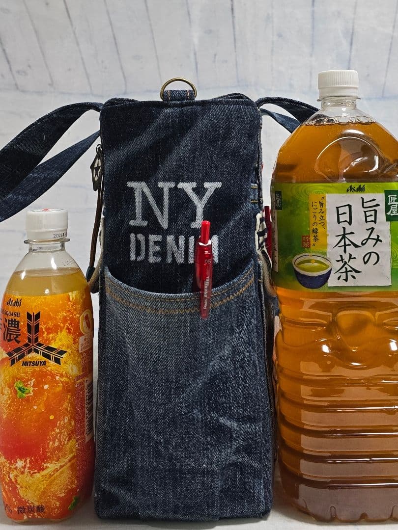 デニムリメイクバッグ 大サイズ 上部ファスナー カジュアル ストラップ付き