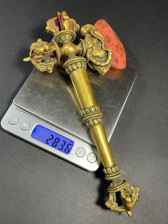 五股金剛杵月刀法器 鎏金法物 蔵出天然水晶刃嵌 金剛降魔法器 大逸品