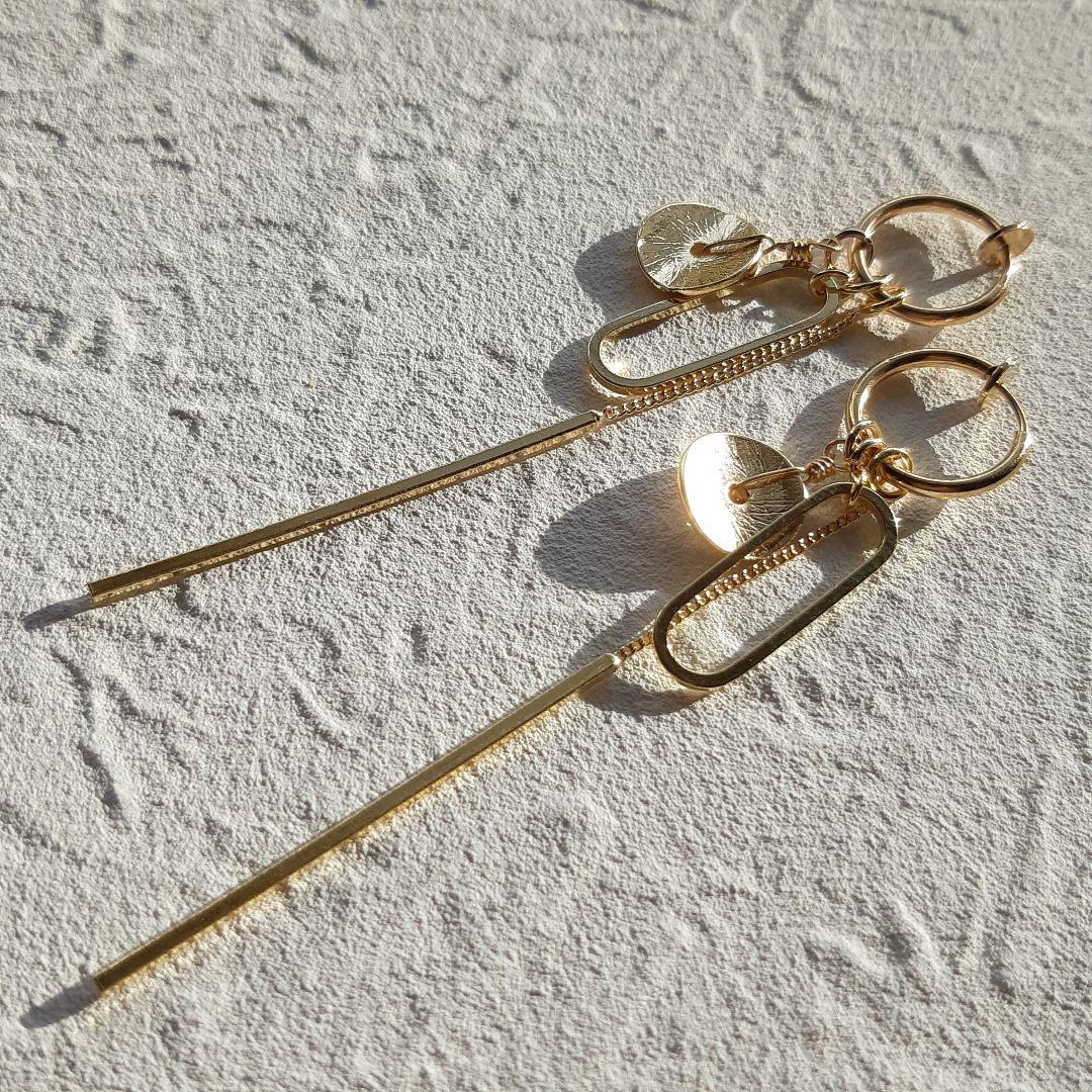ゴールドチャーム ロングスティック チェーン フープイヤリング ハンドメイド