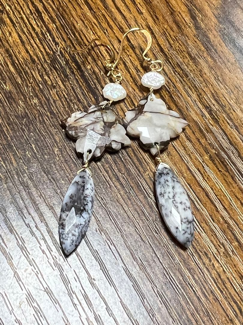 ピカソホースジャスパー　カービング　デンドライト　淡水パール　14kgfピアス