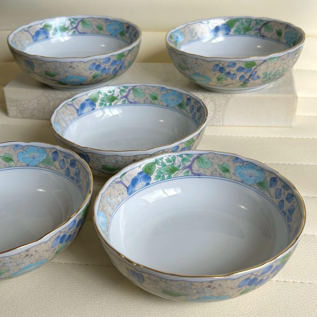 前畑陶器　庫山窯　花銀彩　小鉢揃　５枚セット　色絵　煮物鉢　深皿　とんすい　金彩