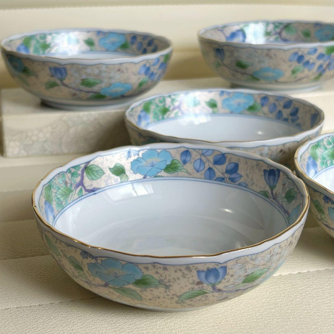 前畑陶器　庫山窯　花銀彩　小鉢揃　５枚セット　色絵　煮物鉢　深皿　とんすい　金彩