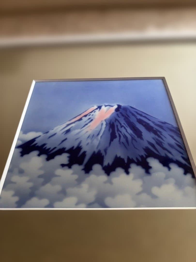 富士山 正方型陶額 日本画 白フレーム付き