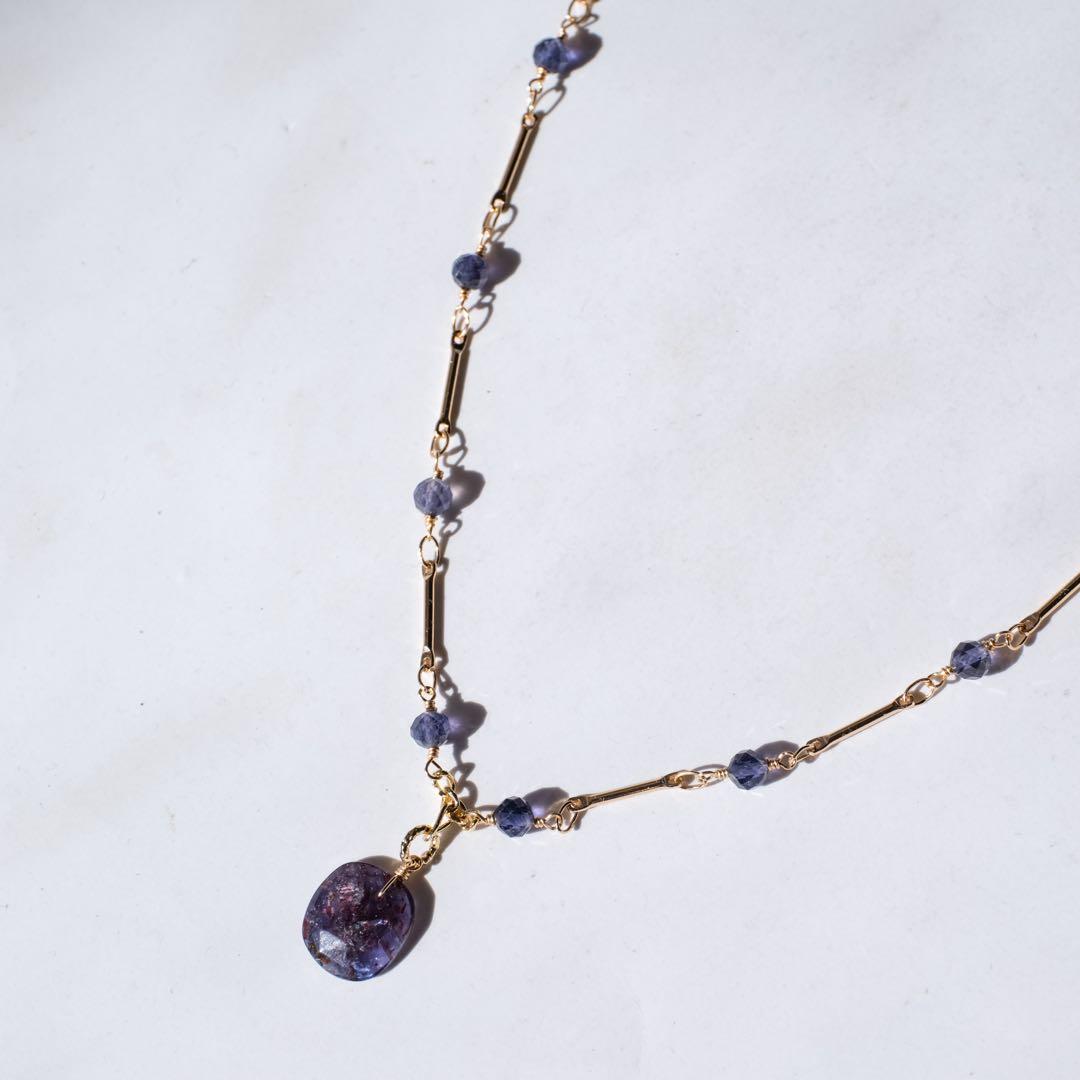 14kgfアイオライトサンストーンローズカットネックレス