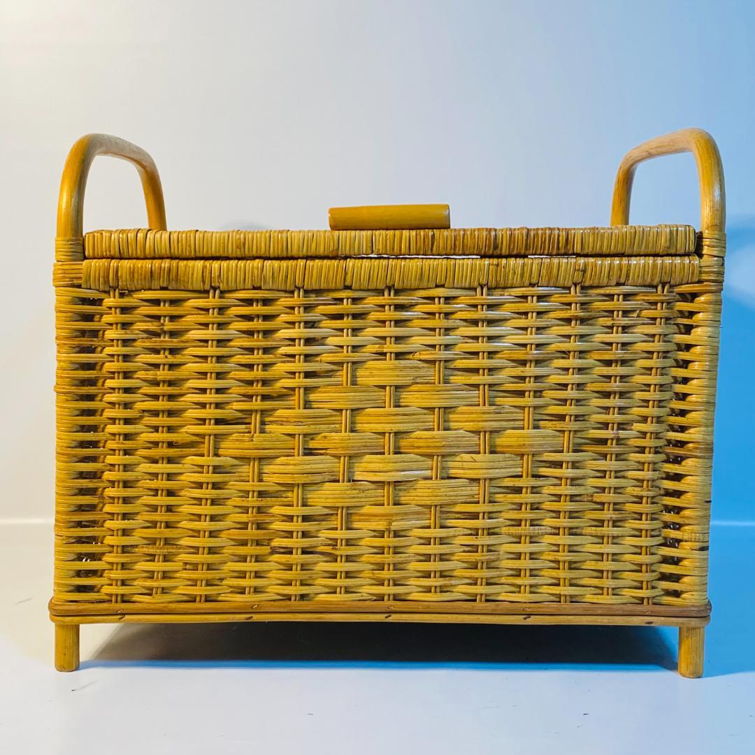 ラタン 籐 籠 蓋付 フタ 脚付 W48.5cm D35cm H41cm