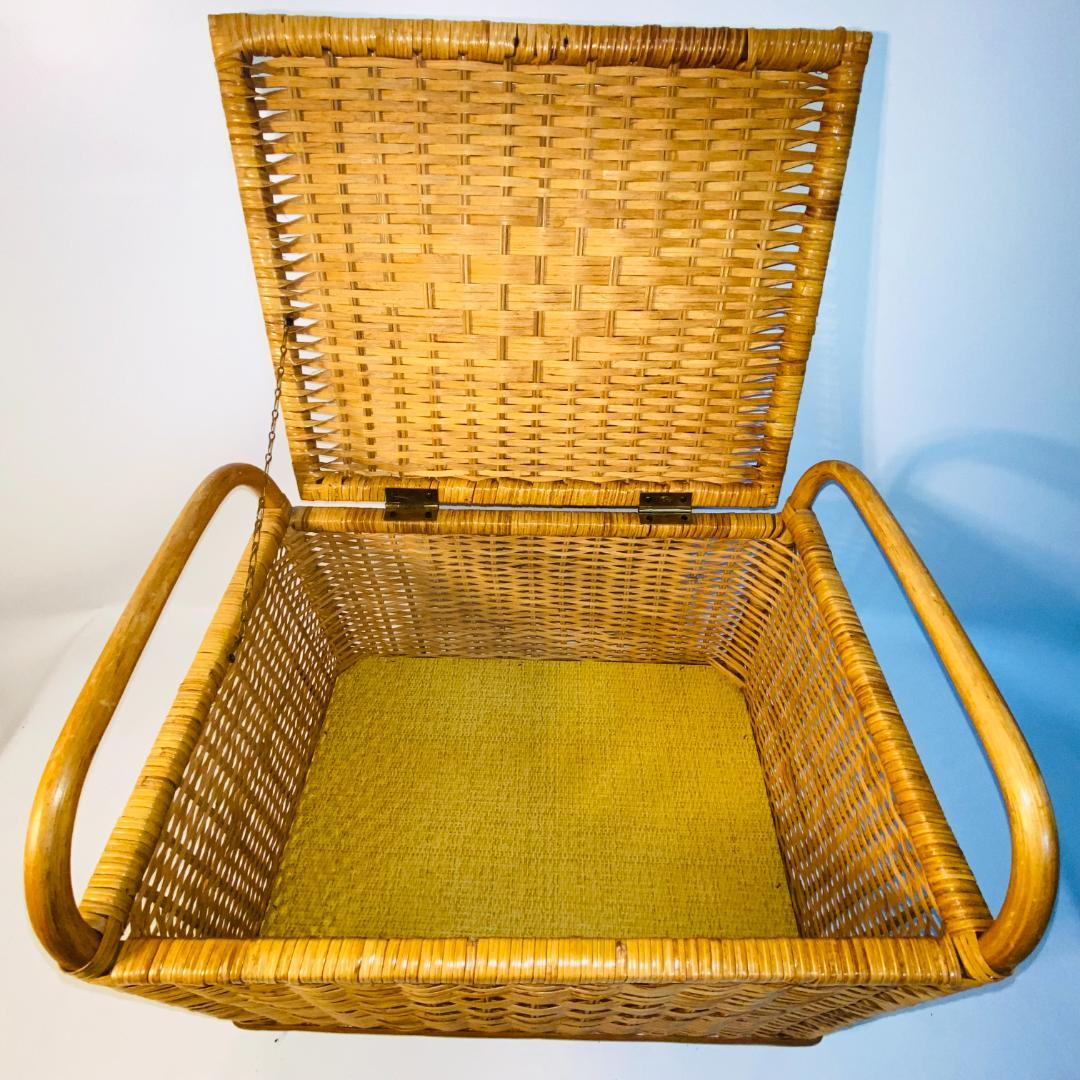 ラタン 籐 籠 蓋付 フタ 脚付 W48.5cm D35cm H41cm