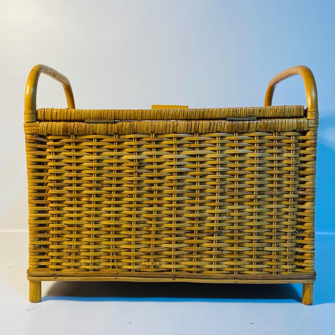 ラタン 籐 籠 蓋付 フタ 脚付 W48.5cm D35cm H41cm