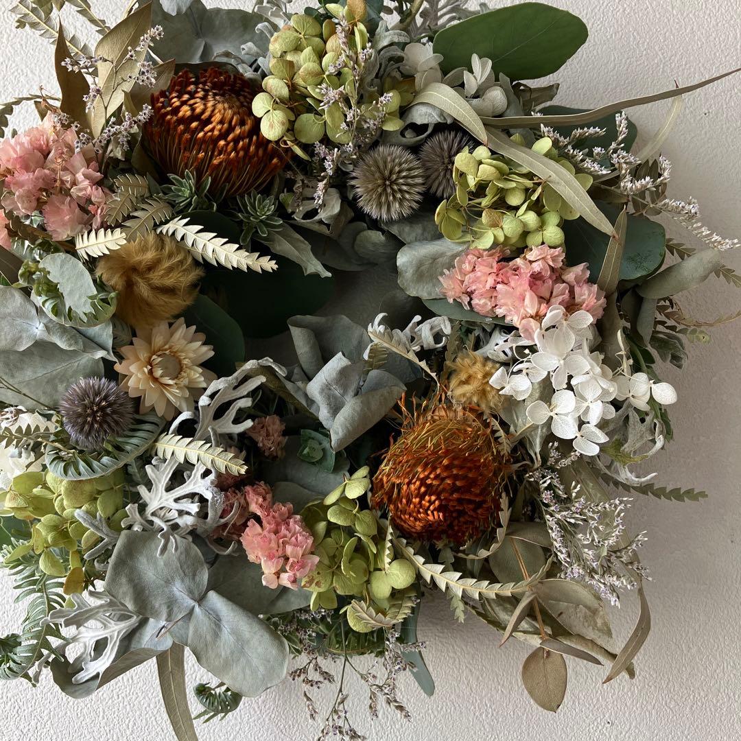 ワイルドフラワーとグリーリース　アナベル　ルリタマアザミ　ドライフラワー