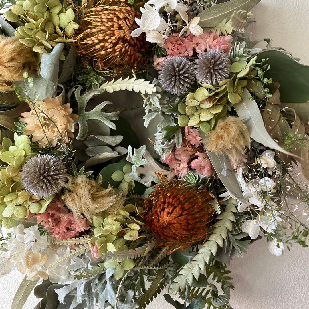 ワイルドフラワーとグリーリース　アナベル　ルリタマアザミ　ドライフラワー